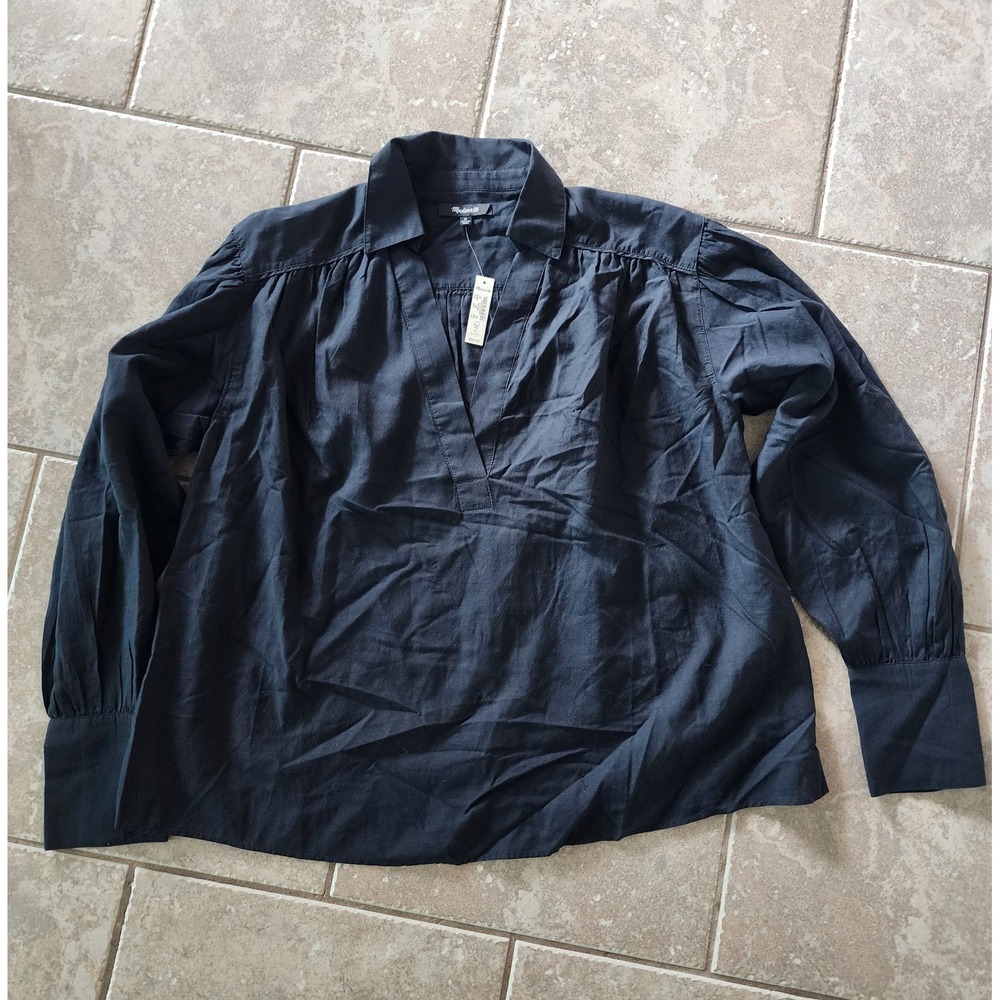 Madewell Black V-Neck Popover Blouse Long Sleeve Cotton Viscose Top Size M NS329